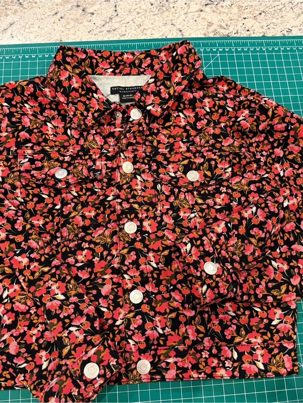 Social Standard by Sanctuary Floral Denim Jacket Girls XL 14 16 Pink Black - Picture 5 of 8
